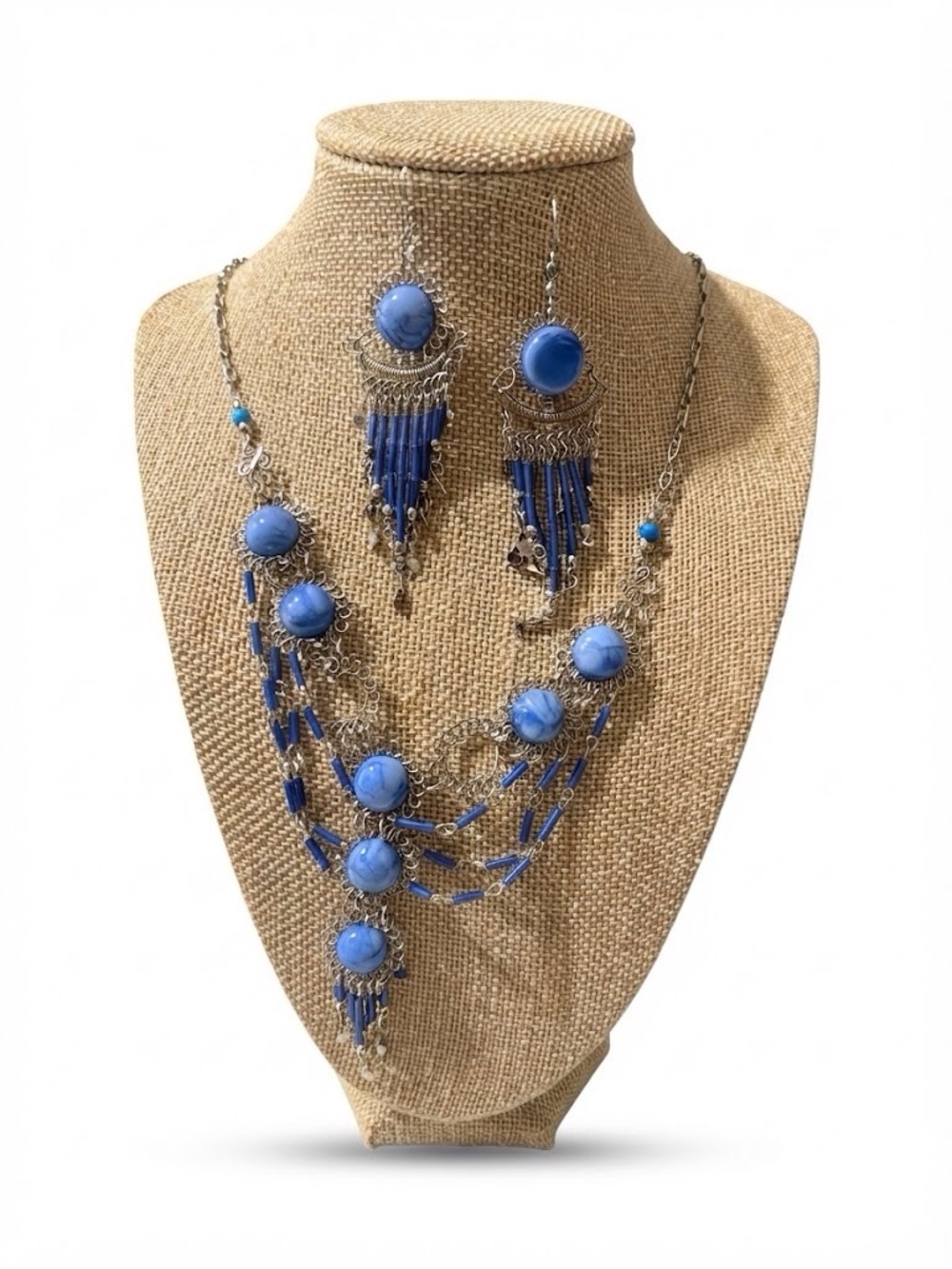 Blue Beaded Statement Necklace & Earrings Set - Women Jewelry